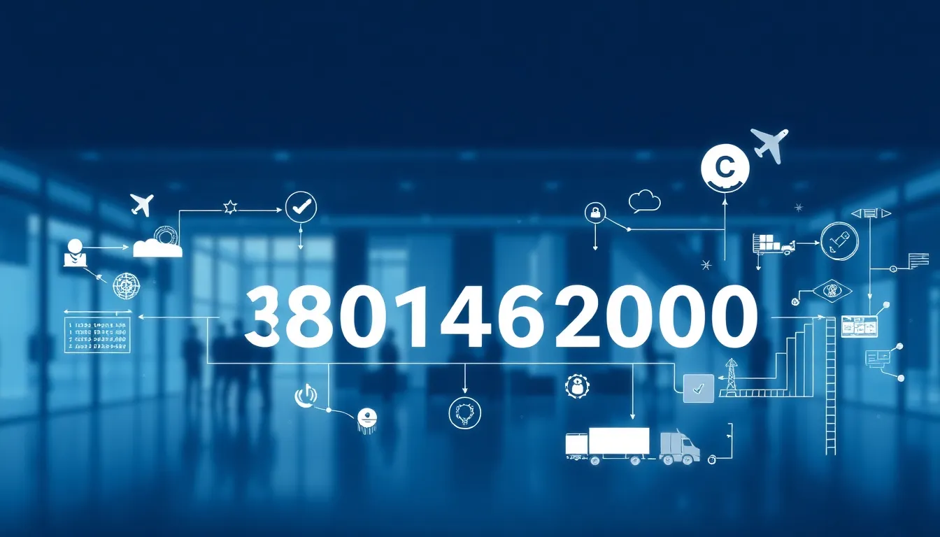 Infographic of number 3801462000 with logistics and telecommunications elements.